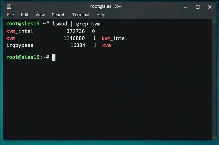 เทอร์มินัล SLES แสดงโมดูล kvm และ kvm_intel ในเอาต์พุต lsmod