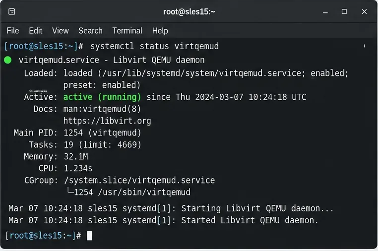 หน้าต่างเทอร์มินัลแสดงสถานะการทำงานของบริการ virtqemud systemd บนโฮสต์ SLES 15