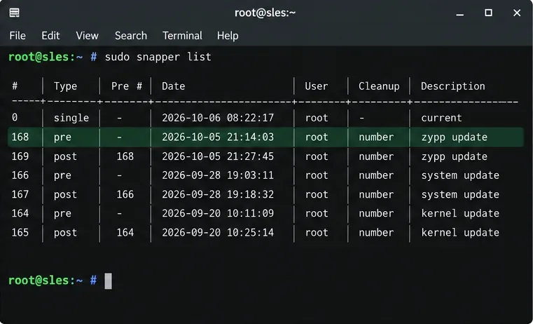 SLES Snapperのスナップショットリストには、zypperアップデート前後のスナップショットが表示されます。
