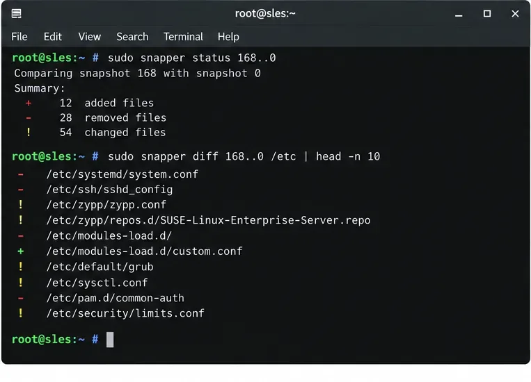 SLESターミナルに、更新前のスナップショットのsnapperステータスとsnapper diff出力を表示