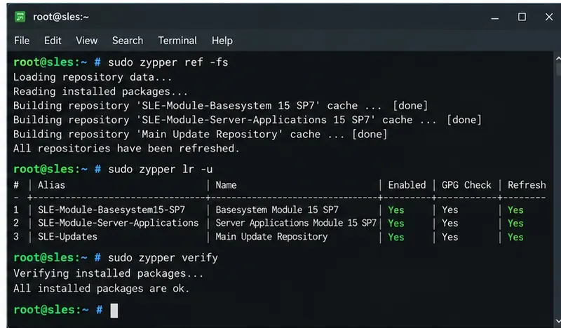 SLESターミナルでZypperリポジトリを更新し、リポジトリのURLを一覧表示し、インストール済みのパッケージを確認します。