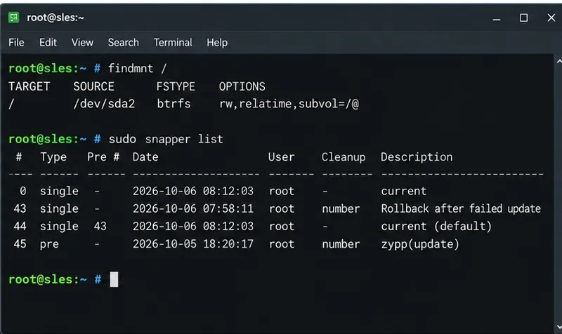 ロールバック後に書き込み可能なBtrfsルートとSnapperスナップショットを表示するSLESターミナル
