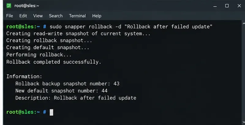 SLESターミナルで、説明的なロールバックラベル付きのsnapperロールバックコマンドを表示
