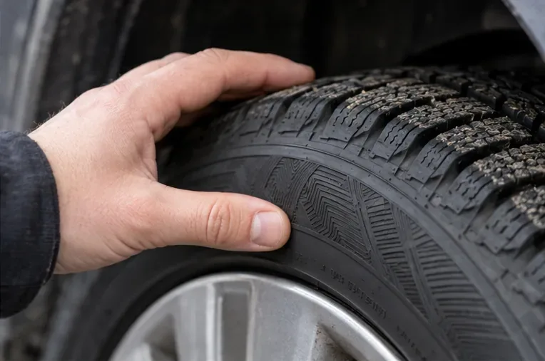 Eine Hand tastet die geprägten Angaben auf der Flanke eines Autoreifens ab.