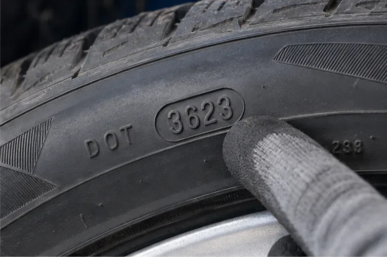 Nahaufnahme einer Reifenflanke mit DOT-Datencode 3623
