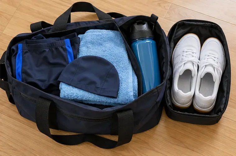 スポーツバッグに水着、水泳帽、タオル、水筒、別袋に入れた室内用シューズが整然と入っている。