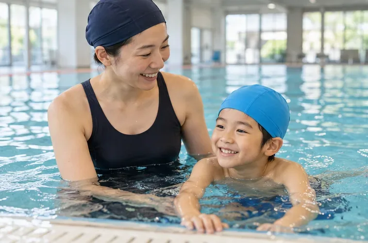 屋内プールの浅い場所で、水泳帽を着けた保護者が子どもに付き添っている。