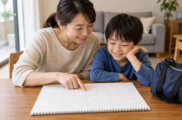 自宅でカレンダーを見ながら、母親と小学生の子どもがスポーツの日の予定を相談している。