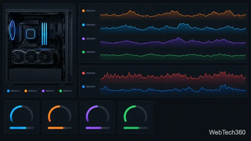 Conceptual PC monitoring dashboard with a desktop tower and unlabeled colored sensor graphs