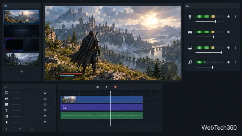 Conceptual streaming workspace with a game preview, source list, audio meters, and editing timeline
