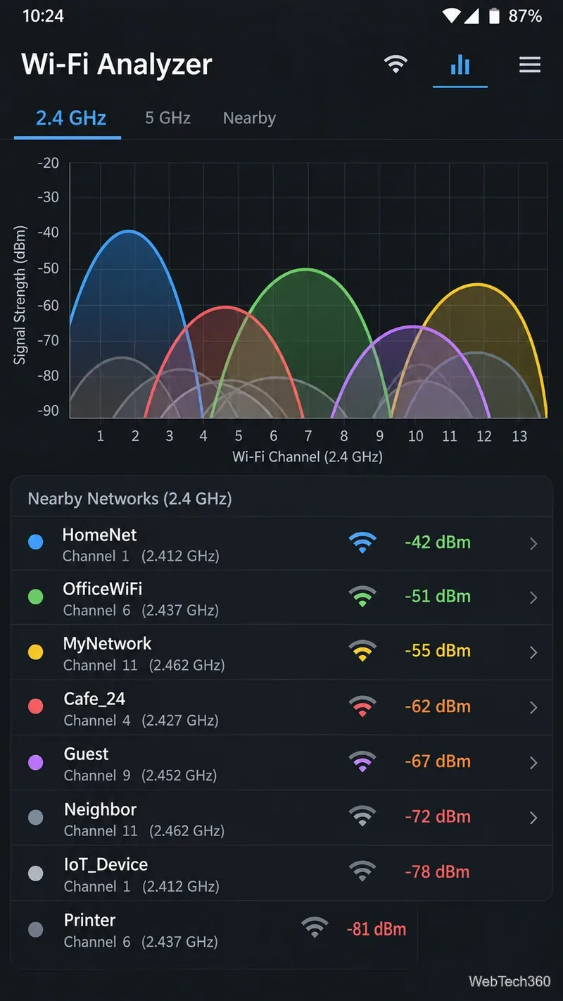 Анализатор Wi-Fi для Android, отображающий перекрывающиеся кривые каналов 2,4 ГГц и близлежащие сети с показаниями сигнала в дБм.