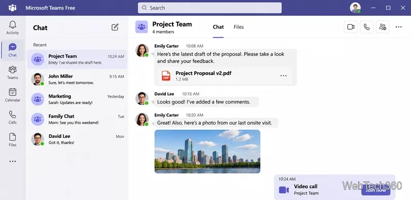 Interface de bate-papo em grupo contendo um anexo PDF compartilhado, uma foto e um convite para uma reunião em vídeo.