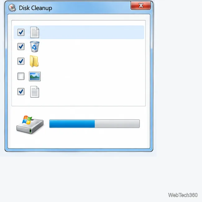 Windows 7 Disk Cleanup illustration with removable file categories and a drive-space bar.