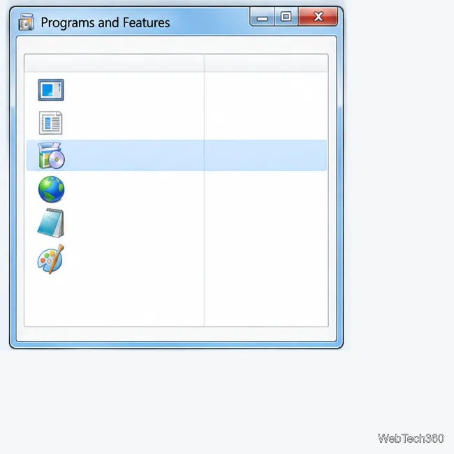 Windows 7 Programs and Features illustration with a program row selected.