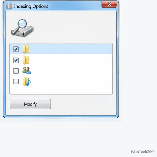 Windows 7 Indexing Options illustration with folder selections and the Modify button.