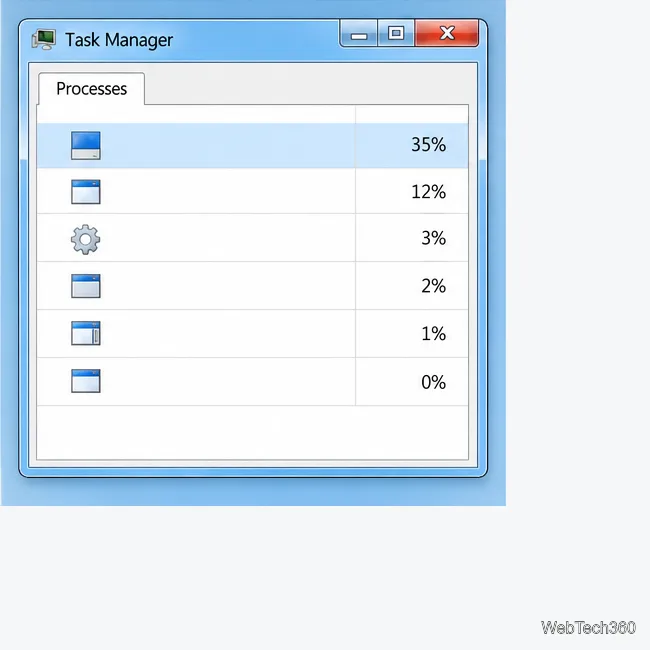 Windows 7 Task Manager illustration with the Processes tab and a high-use row selected.
