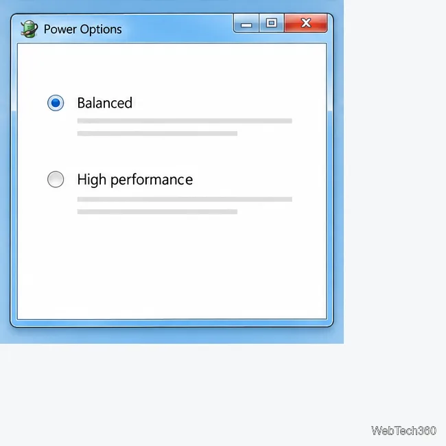 Windows 7 Power Options illustration showing Balanced and High performance plans.