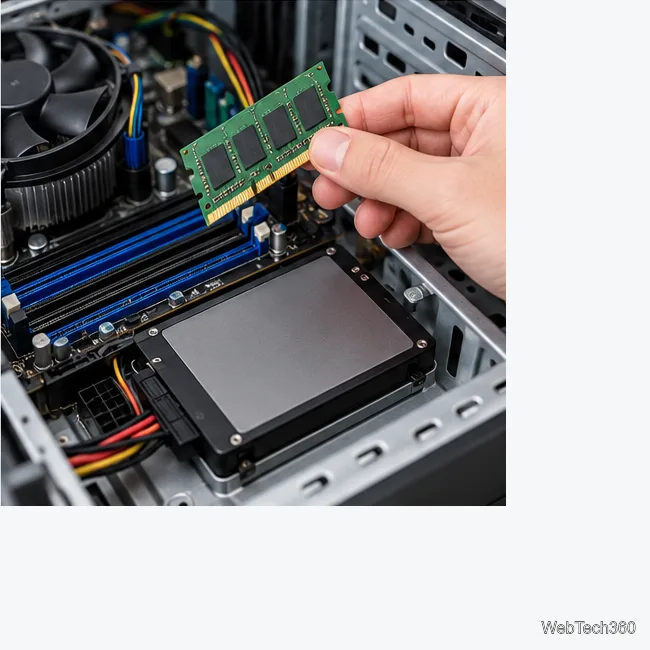 A hand holding a RAM module above an open desktop with an SSD installed.
