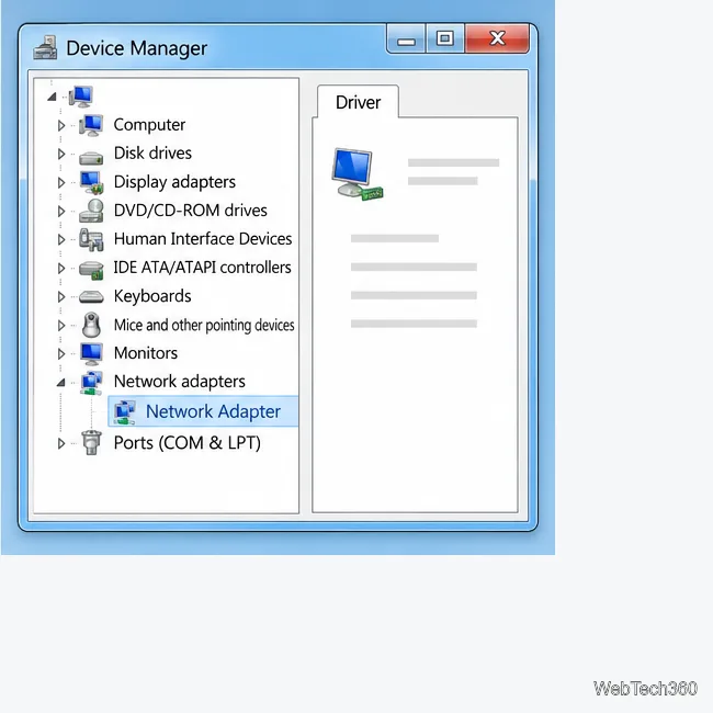 Windows 7 Device Manager illustration with a network adapter selected and Driver tab open.