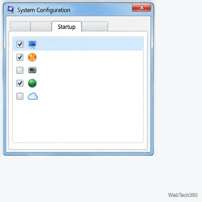 Windows 7 System Configuration illustration showing Startup and app checkboxes.