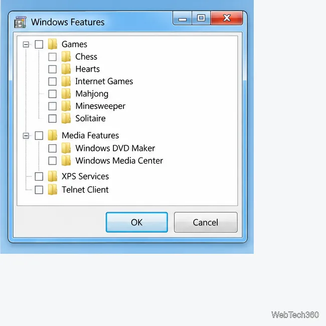 Windows Features dialog illustration showing optional components with checkboxes.
