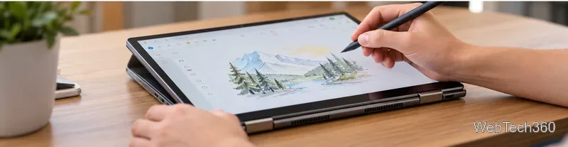 Un ordinateur portable convertible de type Windows se replie en tablette tandis qu'une personne dessine un paysage de montagne à l'aide d'un stylet.