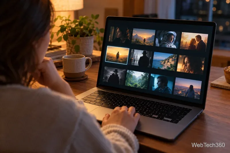 A viewer browses a generic grid of movie thumbnails on a laptop at home.
