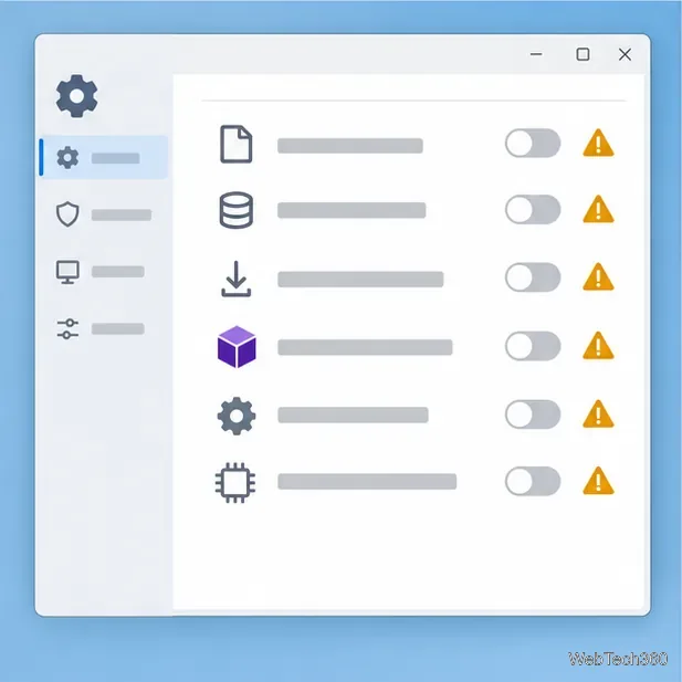 Conceptual settings panel with advanced cleanup toggles switched off and warning symbols.