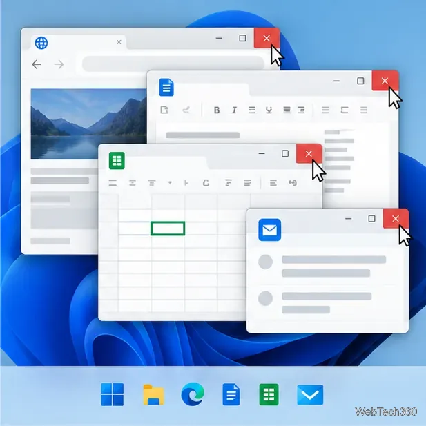 Conceptual Windows desktop with a browser and several application windows being closed before cleanup.