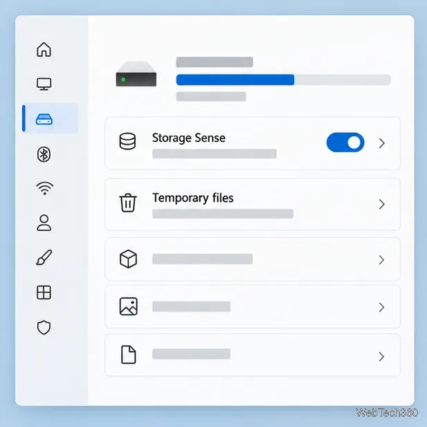 Windows Settings-style storage page showing the Storage Sense and Temporary files rows.