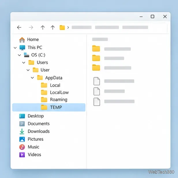 File Explorer-style folder tree with a single TEMP folder selected under a user profile.