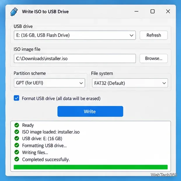 Boîte de dialogue d'écriture d'image USB affichant la clé USB sélectionnée, l'ISO d'installation, les options de partitionnement et un avertissement de formatage