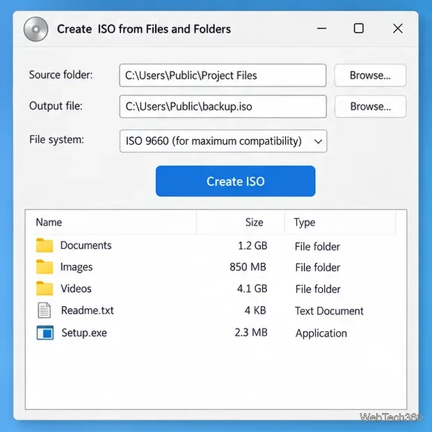 Fenêtre de création d'ISO avec dossier source, fichier ISO de destination, paramètres du système de fichiers et bouton « Créer ISO ».