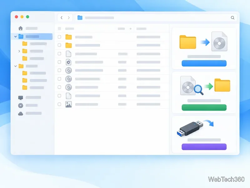 A software workspace depicts a folder being made into an ISO, files being inspected, and an image being sent to a USB drive