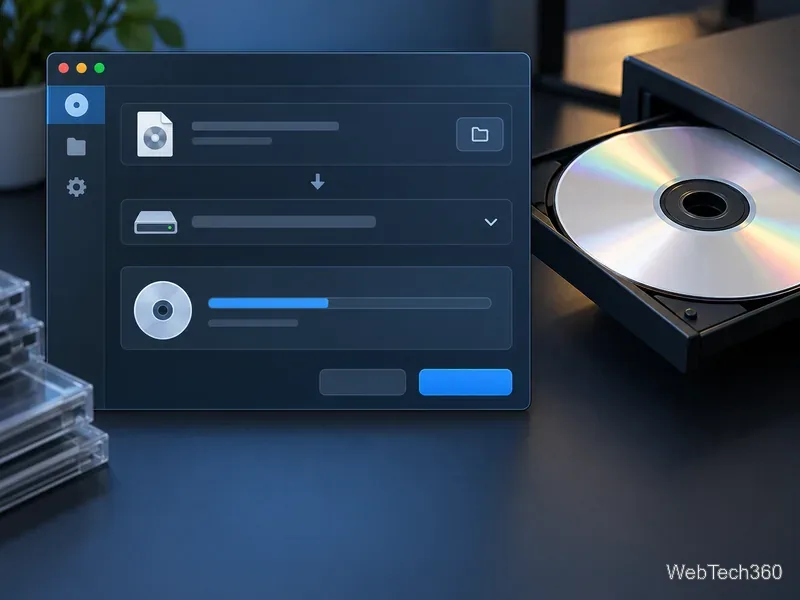 A disc image utility window shows an ISO source, an optical drive destination, and a write progress bar beside a disc
