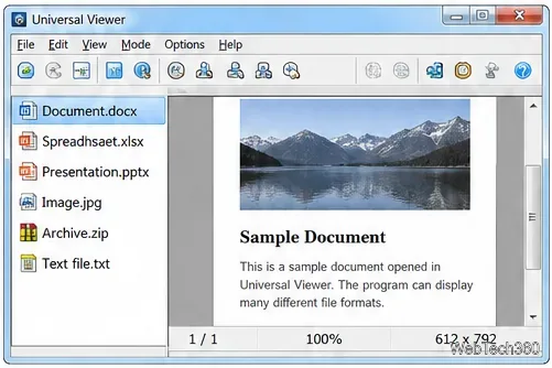 Ventana estilo Visor Universal con vista previa del documento y una lista lateral izquierda de diferentes formatos de archivo.