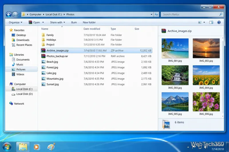 Explorador de archivos al estilo de Windows 7 que muestra archivos comprimidos ZIP y RAR junto con archivos de imagen y vistas previas en miniatura.