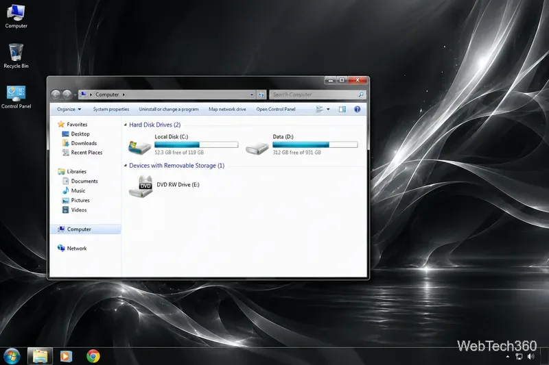 Un escritorio al estilo de Windows 7 con barra de tareas negra brillante, bordes de ventana oscuros y un fondo de pantalla plateado fluido.
