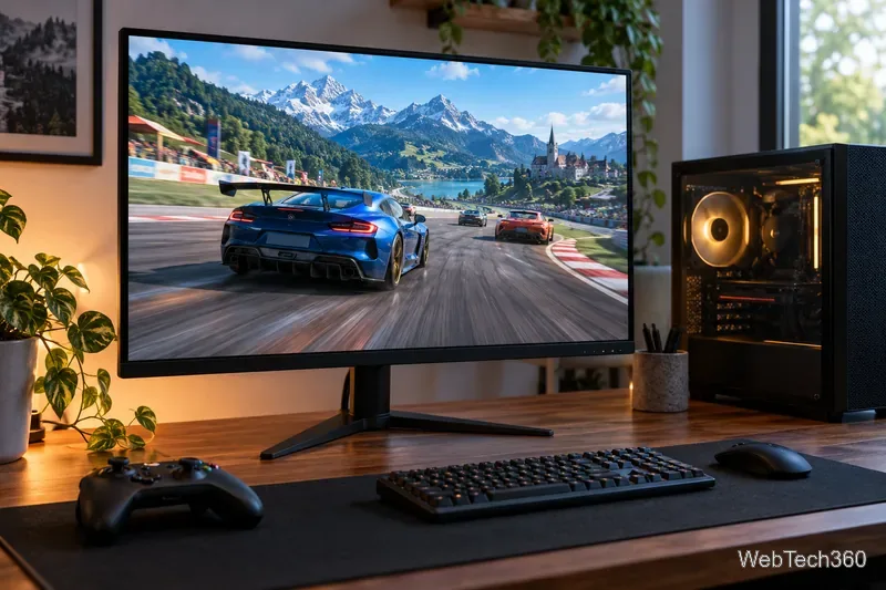 デスクトップPCでレーシングゲームを表示しているゲーミングモニター