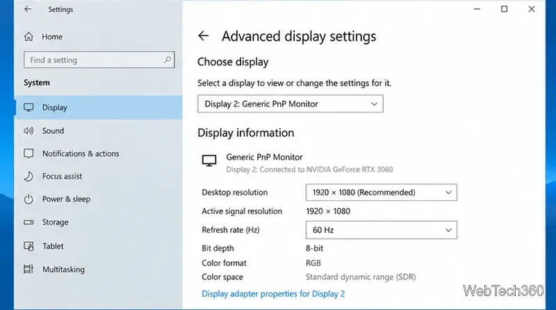 Zaawansowane ustawienia wyświetlania systemu Windows 10 pokazujące rozdzielczość i częstotliwość odświeżania dla wybranego monitora