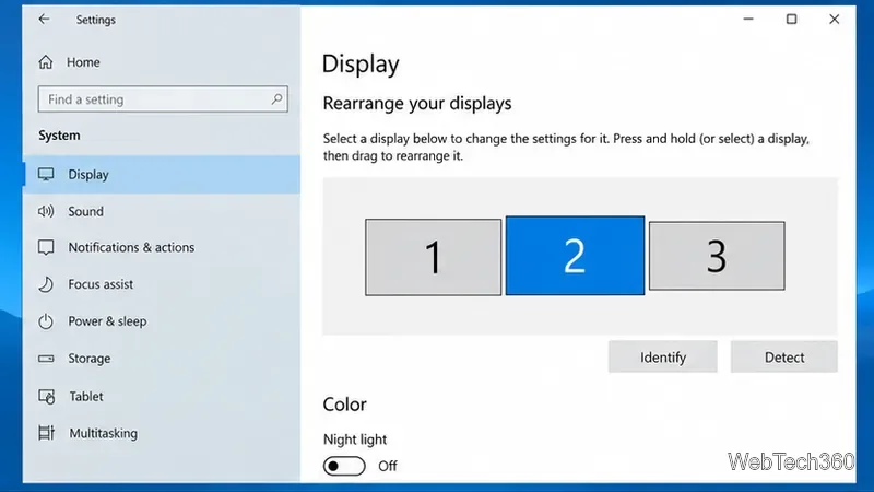 Ustawienia wyświetlania systemu Windows 10 pokazujące monitory 1, 2 i 3 z przyciskami Identyfikuj i Wykryj