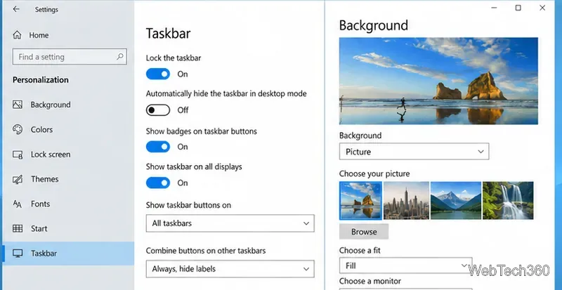 Ustawienia personalizacji systemu Windows 10 pokazujące pasek zadań i elementy sterujące tła dla wielu monitorów