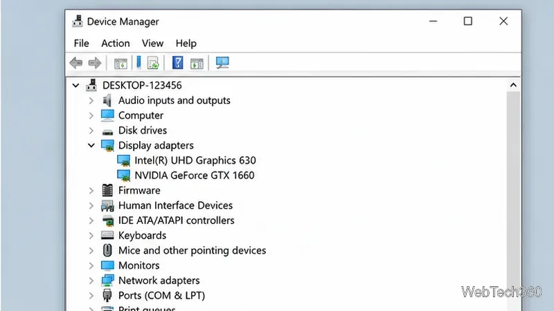 Menedżer urządzeń systemu Windows 10 z rozszerzoną listą kart graficznych