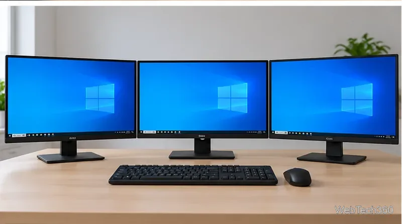 Trzy monitory włączone na stacji roboczej z systemem Windows 10