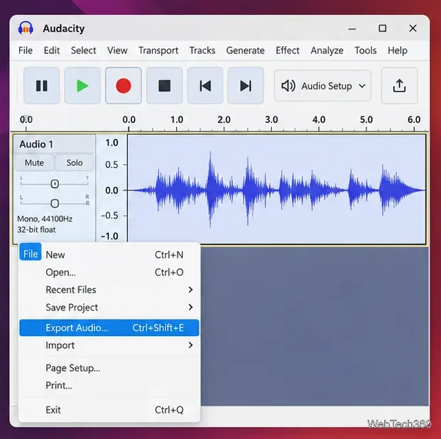 Audacity window showing a recorded voice waveform, transport controls, Audio Setup, and the File menu with Export Audio selected