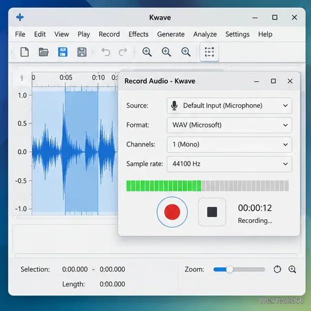 Kwave recording dialog showing a default microphone source, WAV format, mono channel selection, sample rate, level meter, and record controls