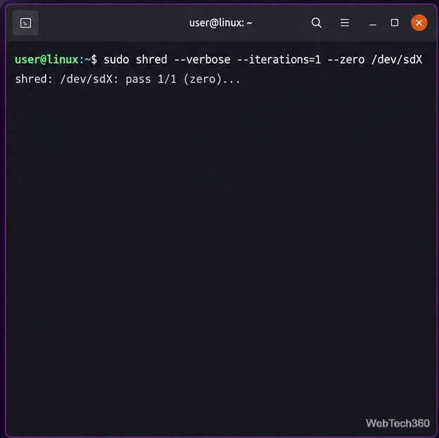 Terminal ilustrativo mostrando o GNU shred sobrescrevendo um disco inteiro.