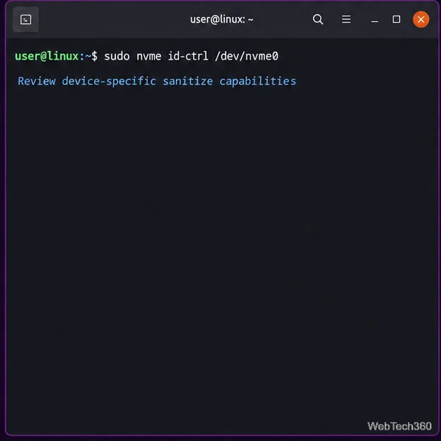Comando ilustrativo para verificar os recursos de sanitização em um controlador NVMe.