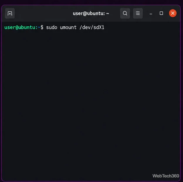 Exemplo de comando de terminal para desmontar uma partição de disco alvo.