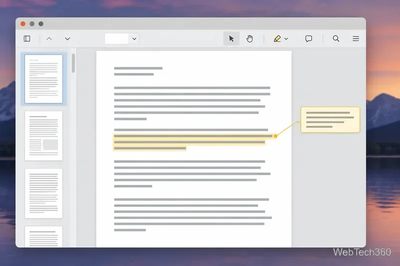 A generic PDF viewer illustration with a passage highlighted and a note attached in the margin